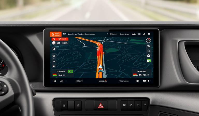 Modernes Navigationssystem in einem Fahrzeug-Cockpit mit Routenanzeige und Echtzeit-Verkehrsdaten auf dem Display